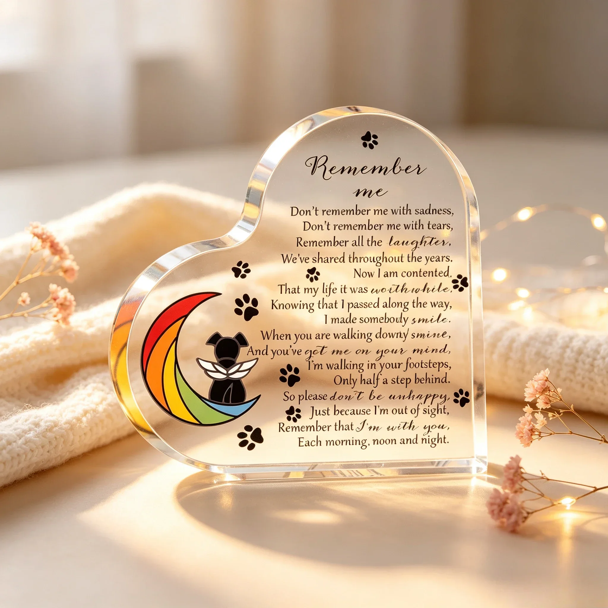 Rainbow Bridge Dog Memorial Heart Acrylic Plaque Pet Loss Remembrance Desktop Gift