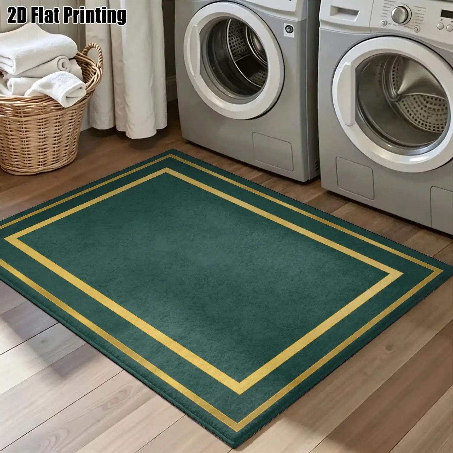 1Pc 2D Printed Dark Green Gold-Edged Geometric Carpet: European Retro Minimalist Style, Ideal Home Decor, Multi-Size, Machine Washable, Suitable for Entrance, Dining Room, Foyer, Bedroom, Living Room
