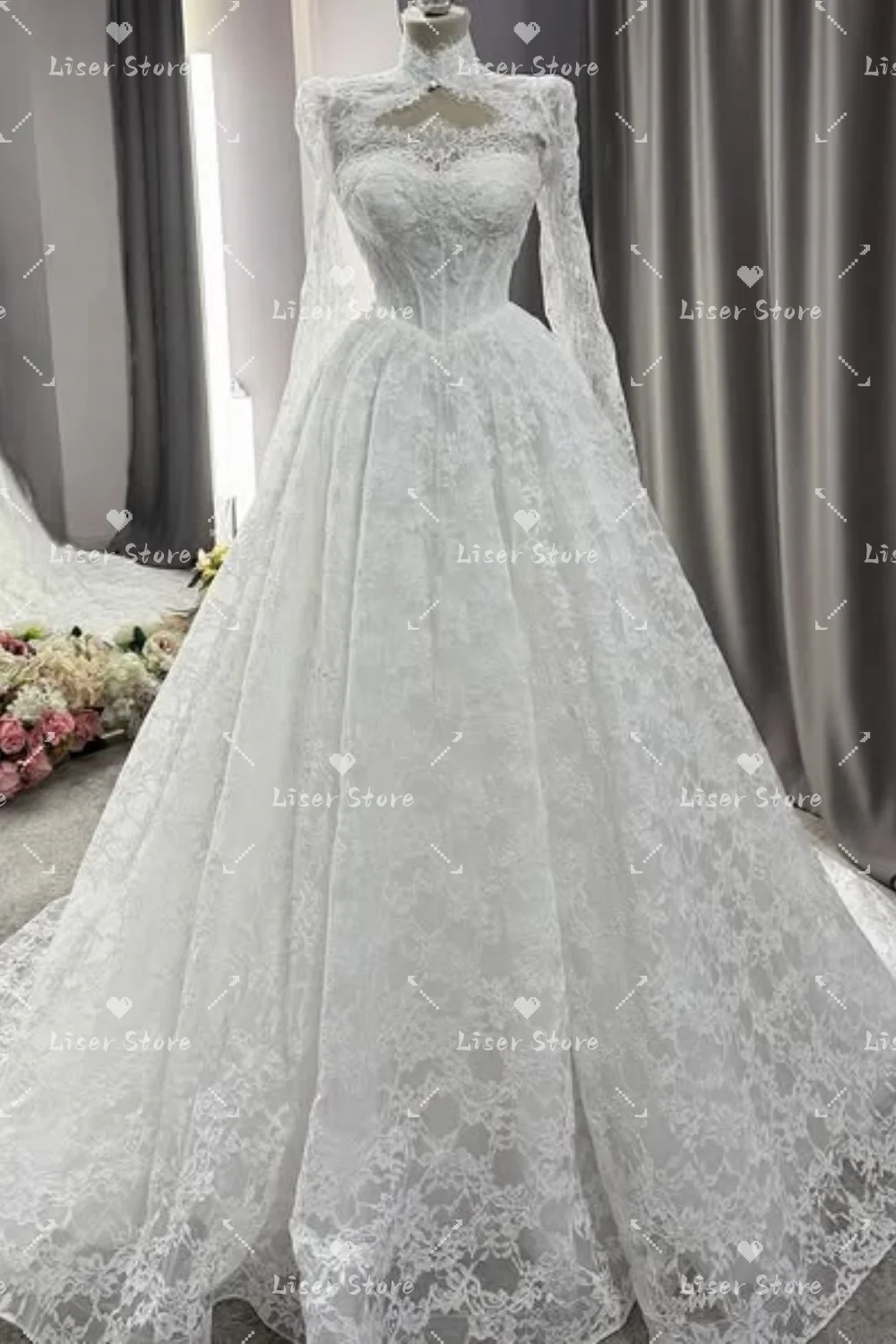 Liser Customized Ivory High Neck Long Sheer Lace Corset Ball Gown Wedding Dress Voluminous Full Lace Skirt Vintage Church 2026