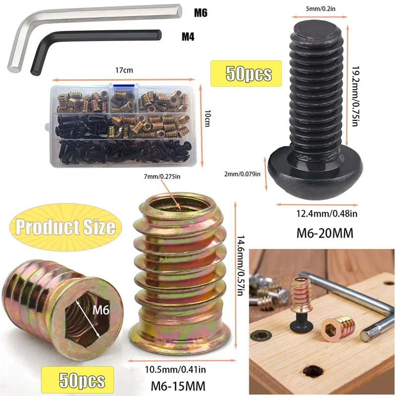 AAAF houten inzetboutbevestigingsconnectoren schroefdraadinzetstukken voor hout voor meubels stoel tafel bureau wiegbed, volledig schroefdraad
