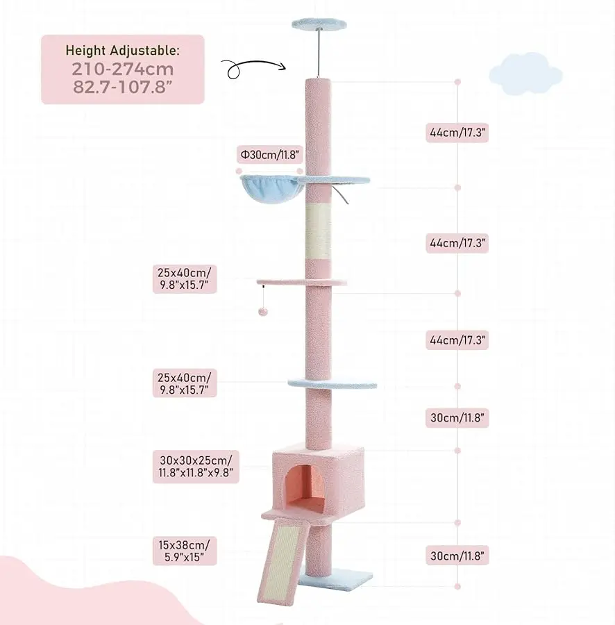 شجرة بيكولي للقطط من الأرض إلى السقف، برج قطط طويل، ارتفاع قابل للتعديل (83 بوصة - 108 بوصة) شجرة تسلق 5 طبقات للقطط الداخلية مع قطة #6