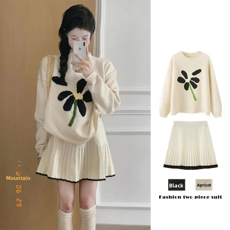 

Autumn Women's Lazy Sle Overhead Knitted Sweater with Floral Embroidery And Light Brown Skirt Two-Piece Set