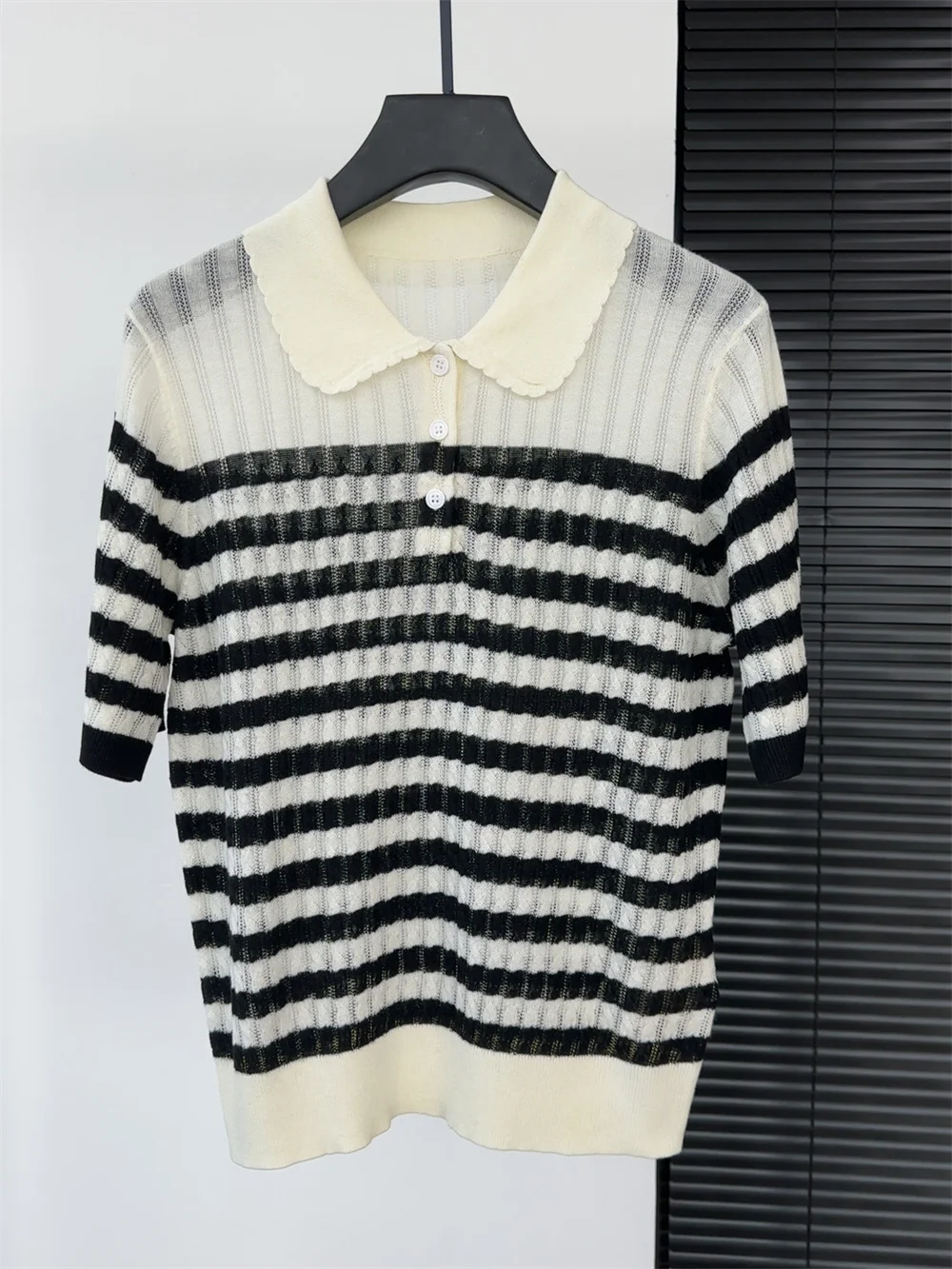 2026 Summer Arrival Black and White Striped Lapel Casual Versatile Short-Sleeve Women's T-Shirt Knit Polos Top