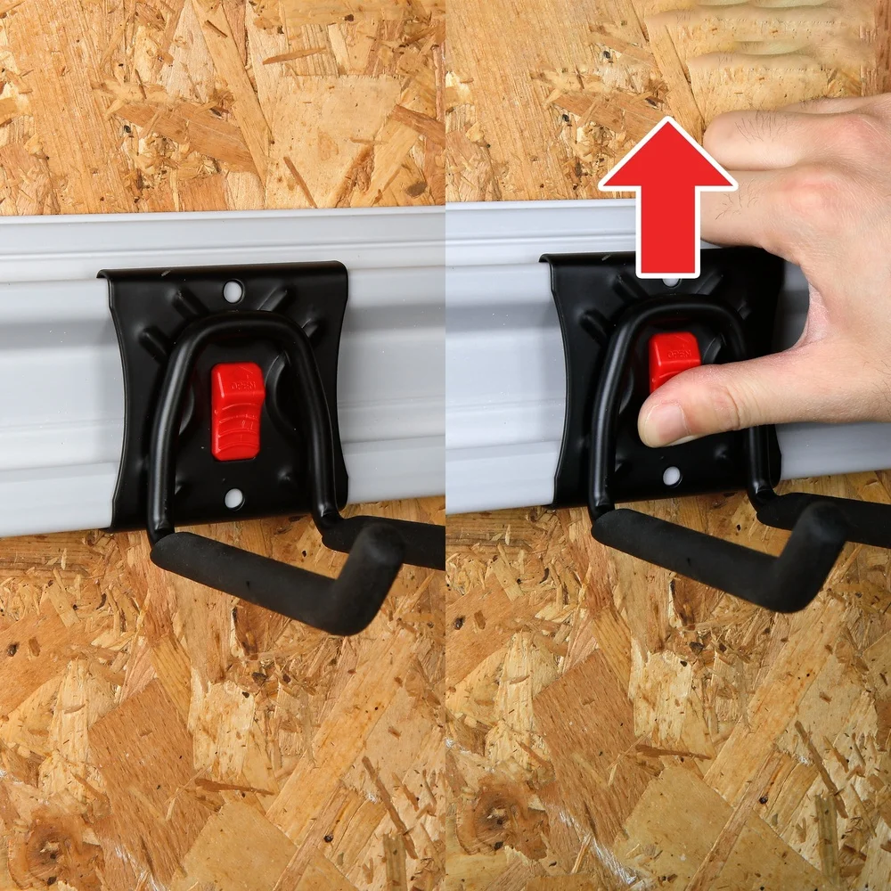 Sistema de riel organizador de montaje en pared con gancho recto de acero de liberación rápida de 6 pulgadas, herramientas de garaje y soluciones de almacenamiento