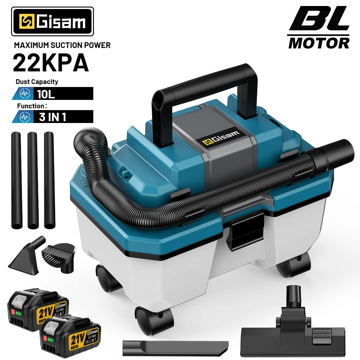 Gisam 22Kpa 10L Brushles Electric Vacuum Cleaner Cordless 3-in-1 Wet-Dry Vacuums Blowing Dust Tool For Makita 18V Battery Pin
