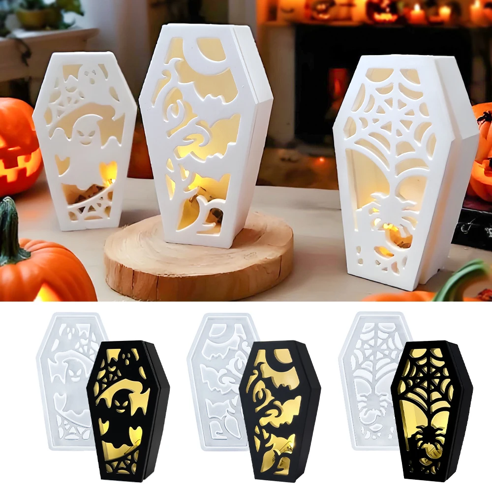 

LZ111 Halloween Coffin Shaped Lampshade Silicone Mold DIY Casting Ghost Spider Bat Shade Lid Candle Jar Plaster Resin Molds