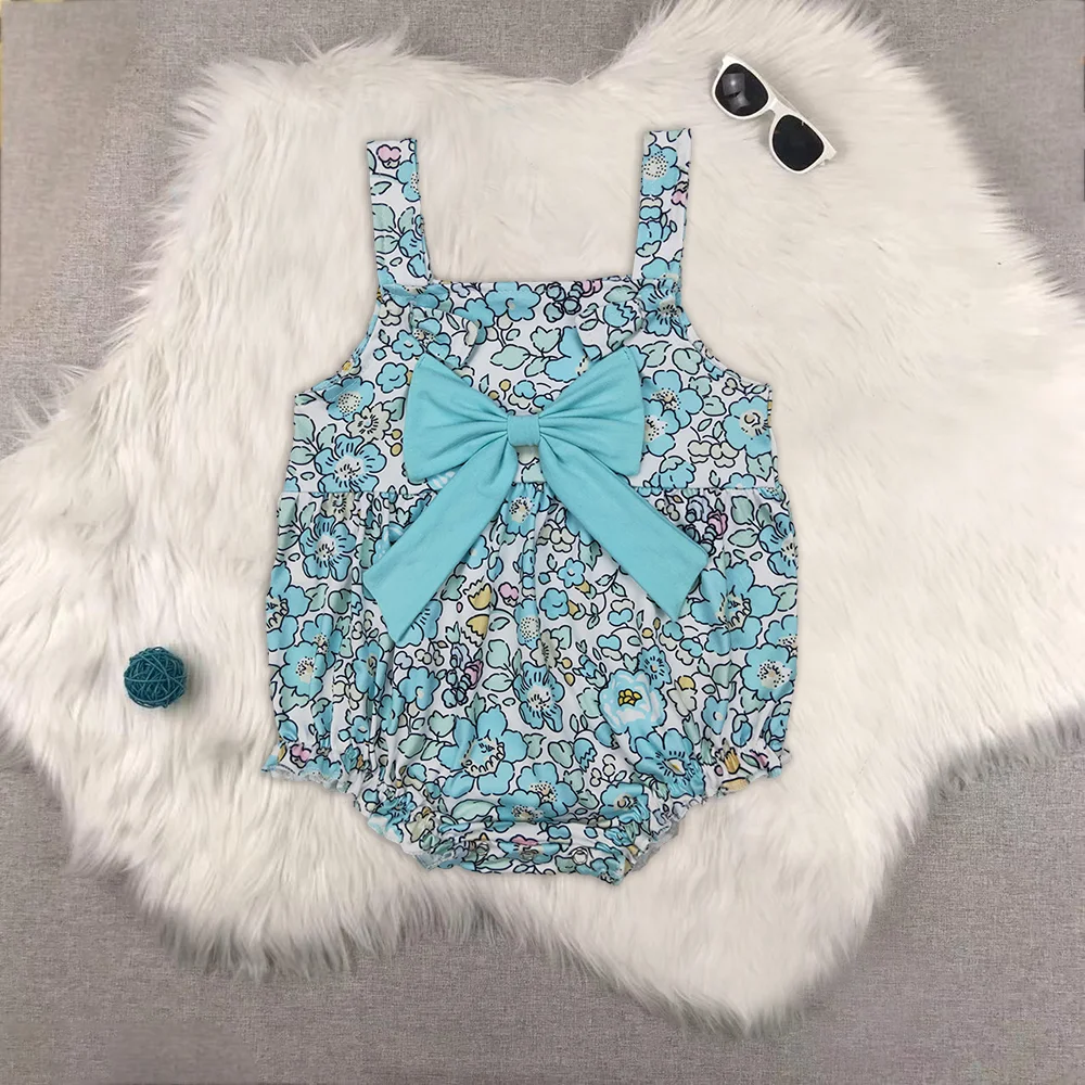 

Baby Infant Girls Blue Flowers Big Bow Rompers