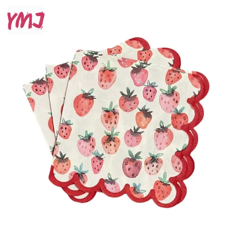 Red Strawberry Pattern Lace Napkin Bar Party Paper Full Print Disposable Banquet Decoration Table Runner 2-Ply 20pcs 25*25cm