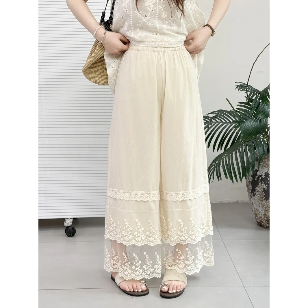 Korean Style Lace Transparent Splice Elastic Waist Ladies Casual Pants Long Pants Cute Style Cotton Blend No Brand Registered