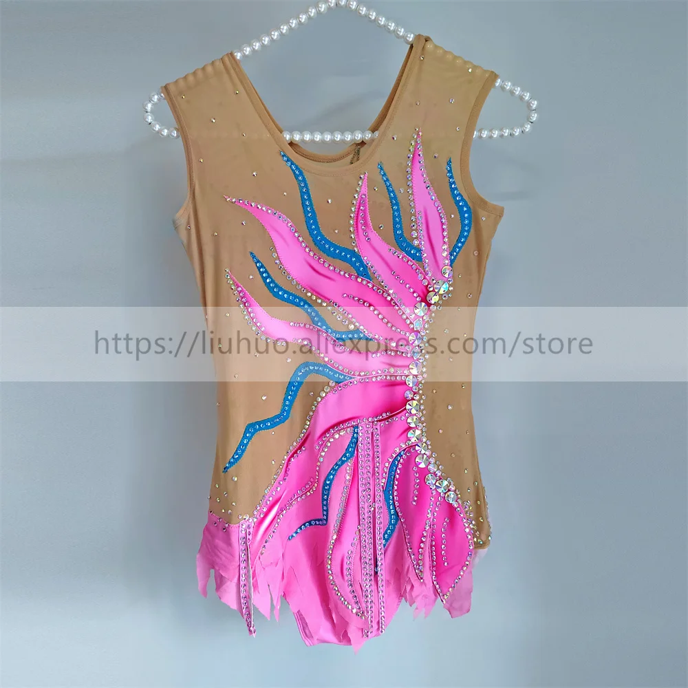 LIUHUO Anpassen Frauen Mädchen Kostüm Leistung Rhythmische Gymnastik Ballett Ärmellose Wettbewerb Trikot Eislaufen Kleid Rosa
