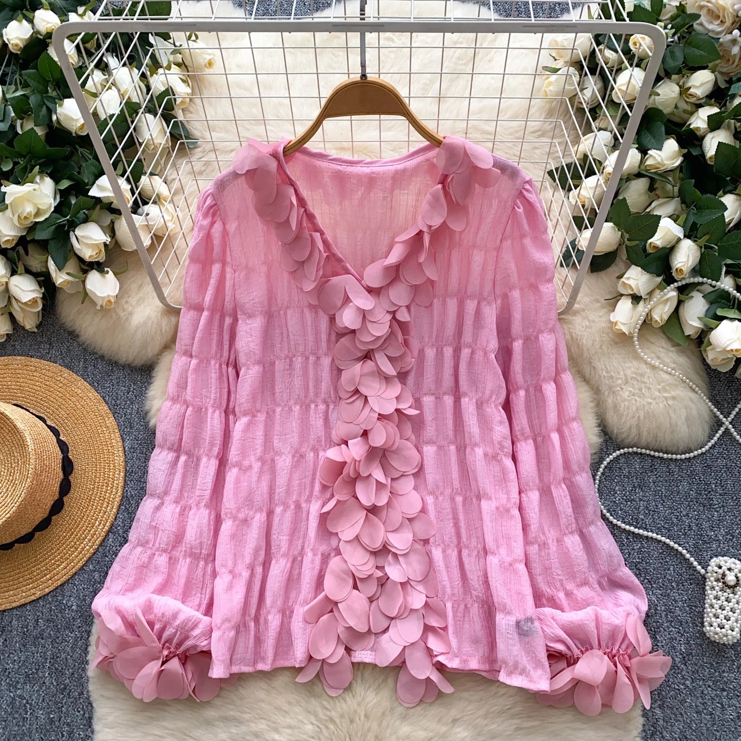 

Clothland Women Sweet Ruffled Blouse V Neck Long Sleeve Candy Color Shirt Female Casual Cute Tops Blusa LB305