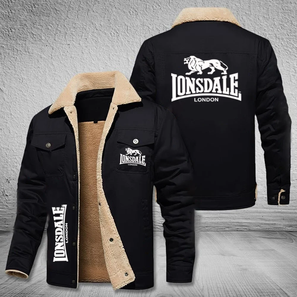 Men's Collar Jacket LONSDALE Winter Warm Lambskin Casual Button Jacket with Thick Fleece Work Jacket