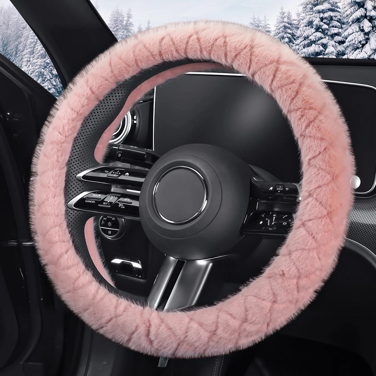 O Shape Winter New Plush Diamond Pattern Car Steering Wheel Cover Soft Comfortable Breathable for 15inch 38cm Steering Wheel