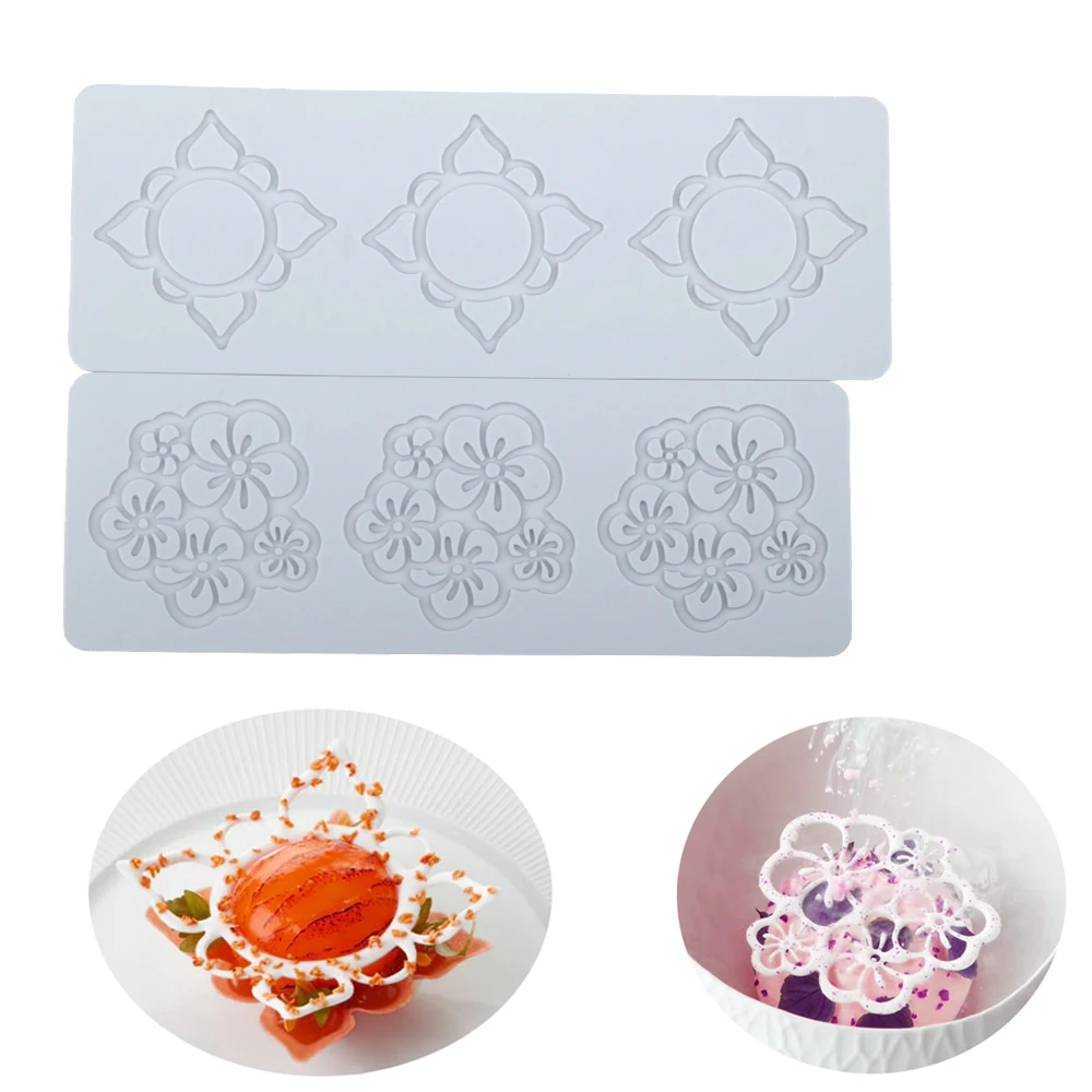 3-hochige Blütenknospen, Fondant-Spitzenpolster, quadratische Blumenrahmen, schokolade, knusprige Dessert-Dekorationen