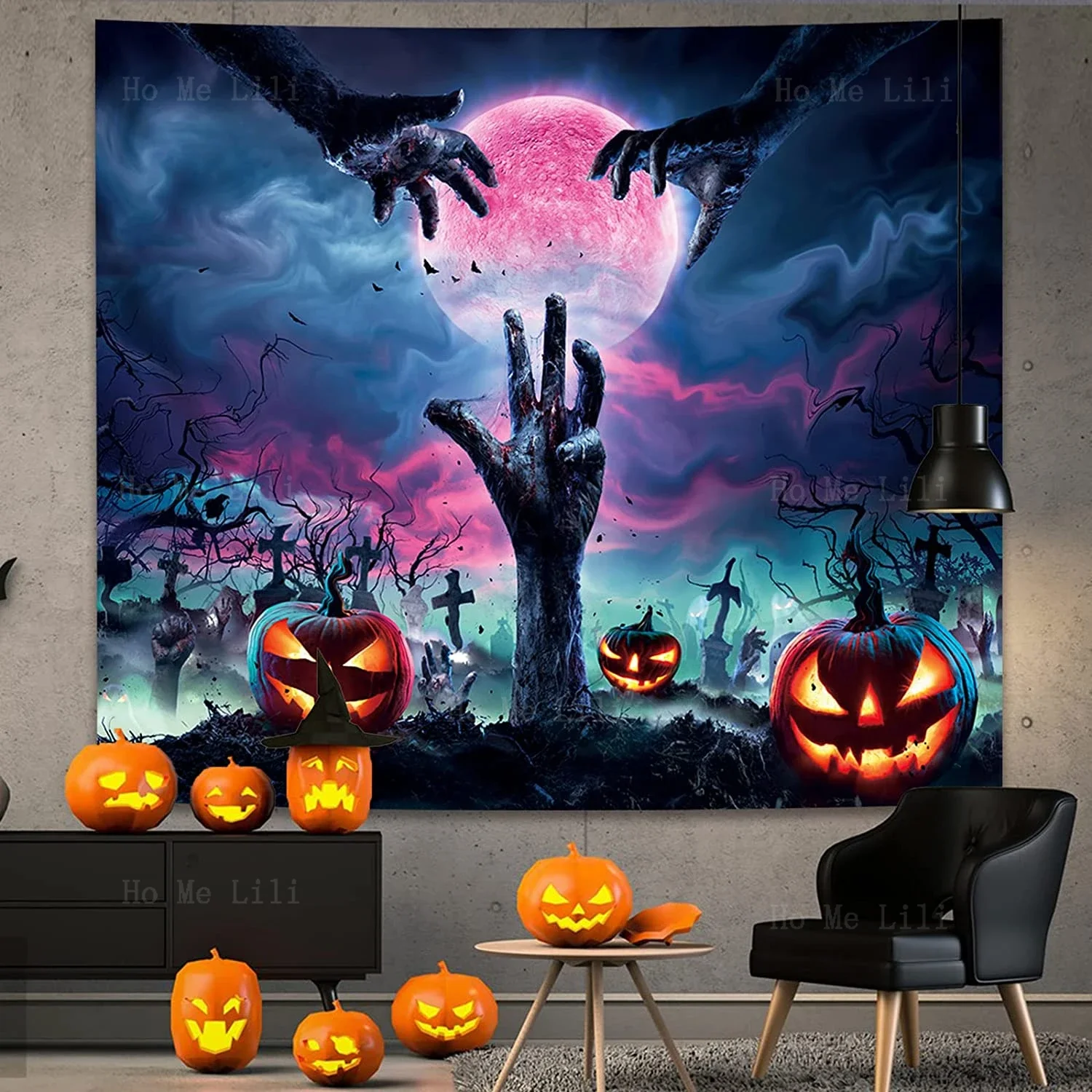 Halloween Pumpkin Head Nightmare Party Dark Creepy Purple Spooky Scary Horror Hand Wall Hanging Tapestry For Bedroom Aesthetic