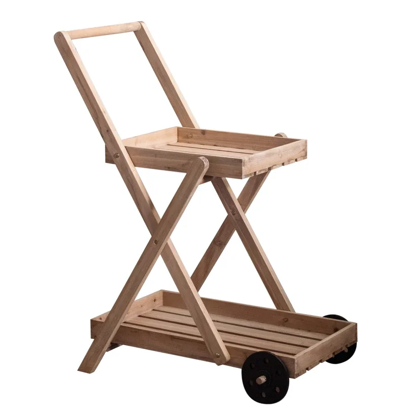 Rustic Farmhouse Plant Cart - Solid Wood Two-Tiered Trolley, Vintage Garden Organizer for Balcony Decor & Succulent Display