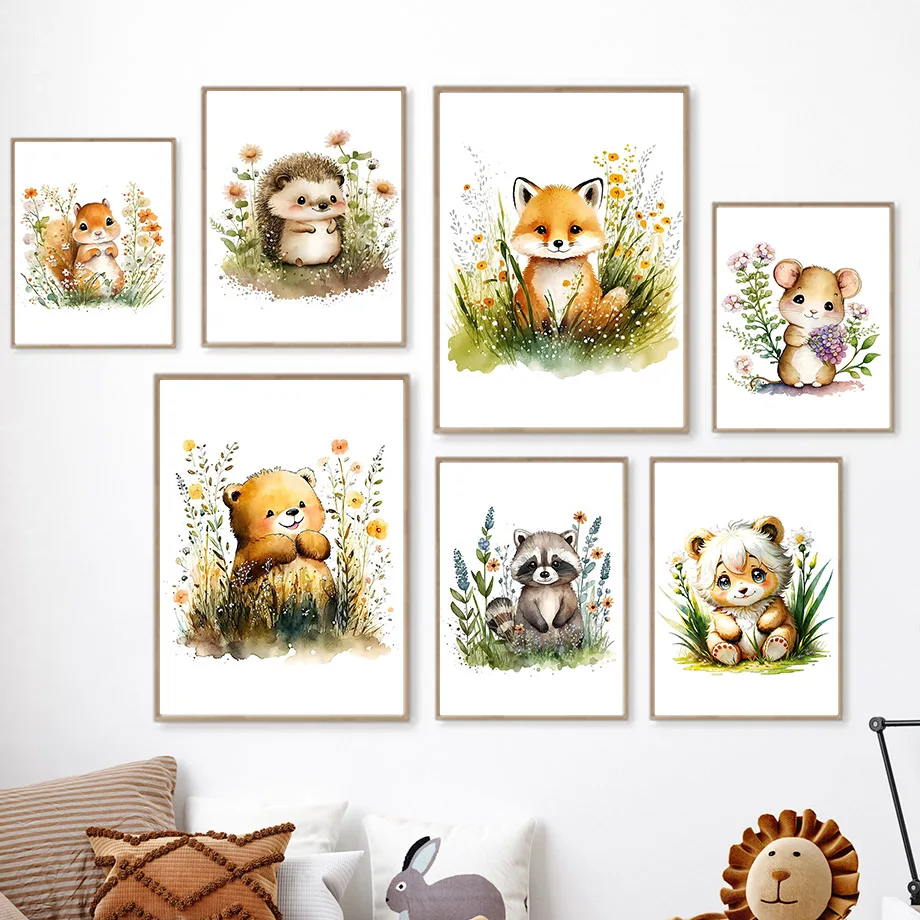 Cartoon Squirrel Hedgehog Bear Fox Jungle Animal Cute Nursery Poster Canvas Painting Wall Art Print Picture Baby Kids Room Decor