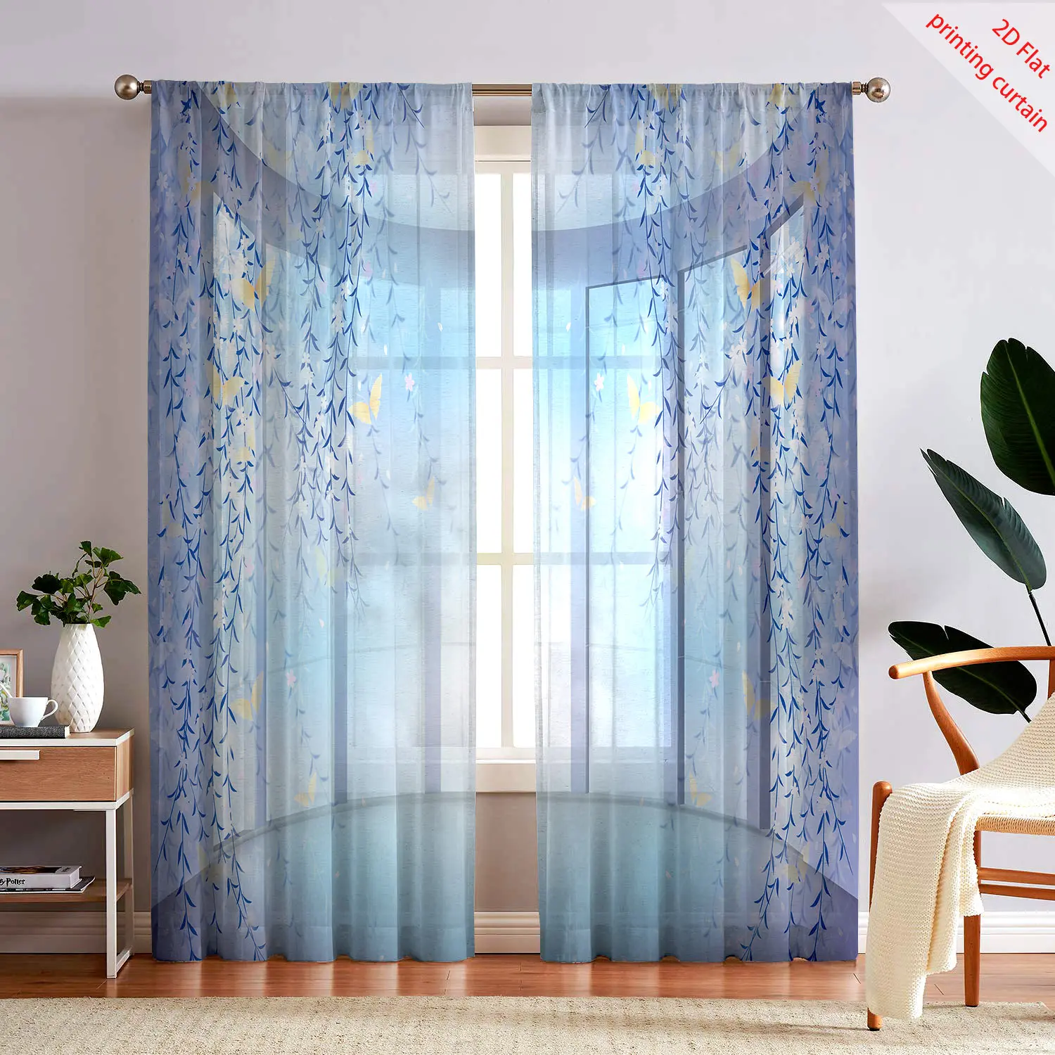 Plant leaf pattern printed transparent gauze curtain, home art decoration, bedroom, living room, kitchen, balcony decoration