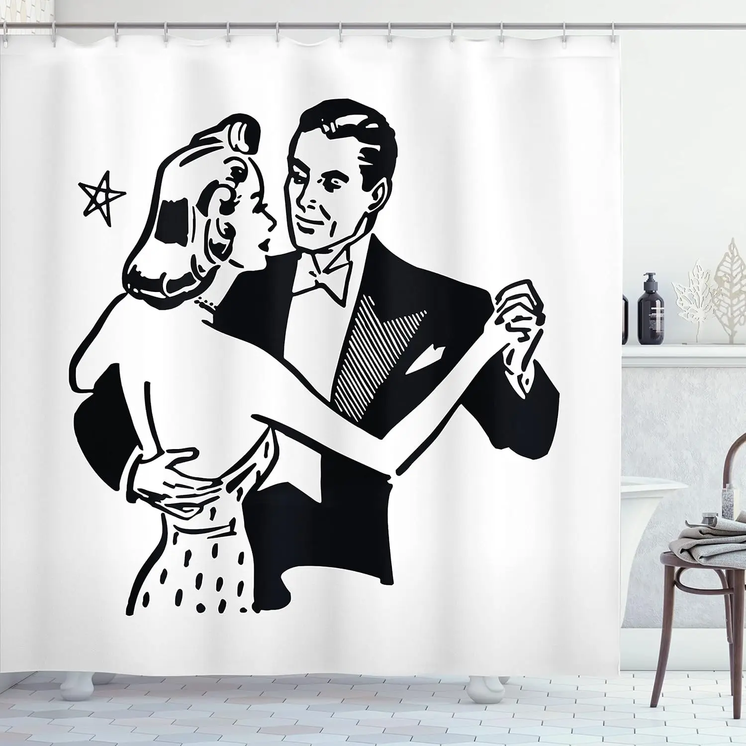 

Retro Couple Dancing Shower Curtain Vintage Art Black White Linen160x180