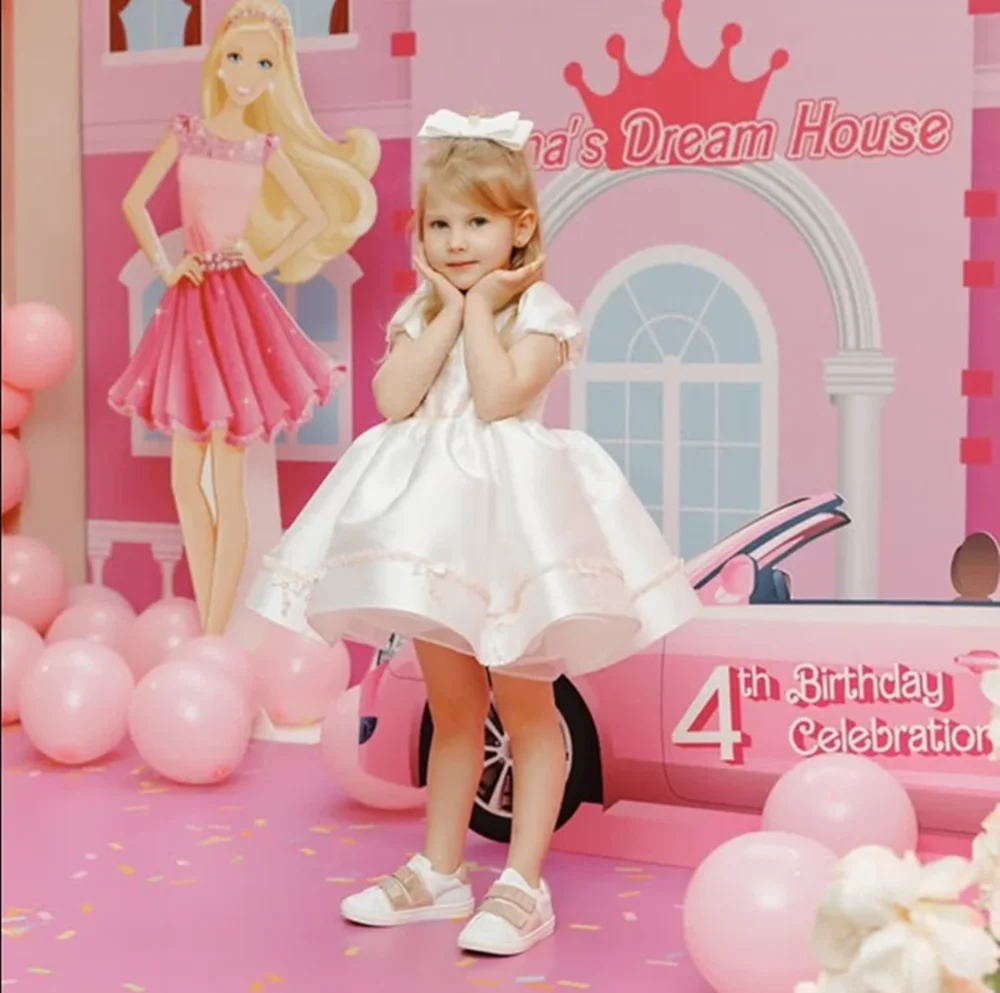 

Crystals Applique O Neck Princess Flower Girl Dress Knee Length Short Sleeve Simple Elegant First Communion Dress Customized