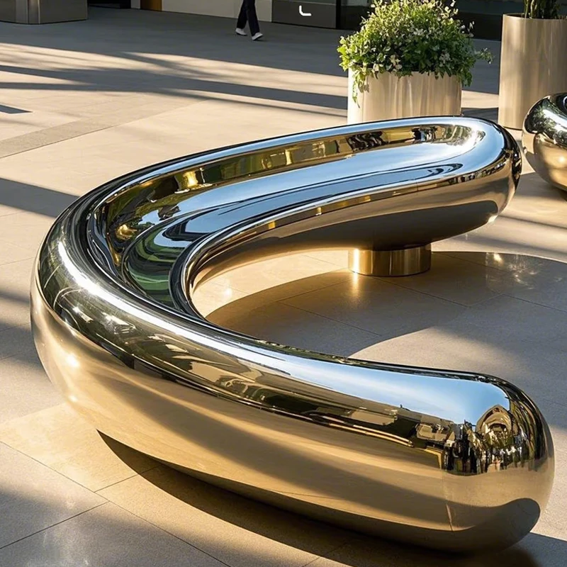 Customized commercial building stainless steel metal bench art sculpture special-shaped mirror polishing