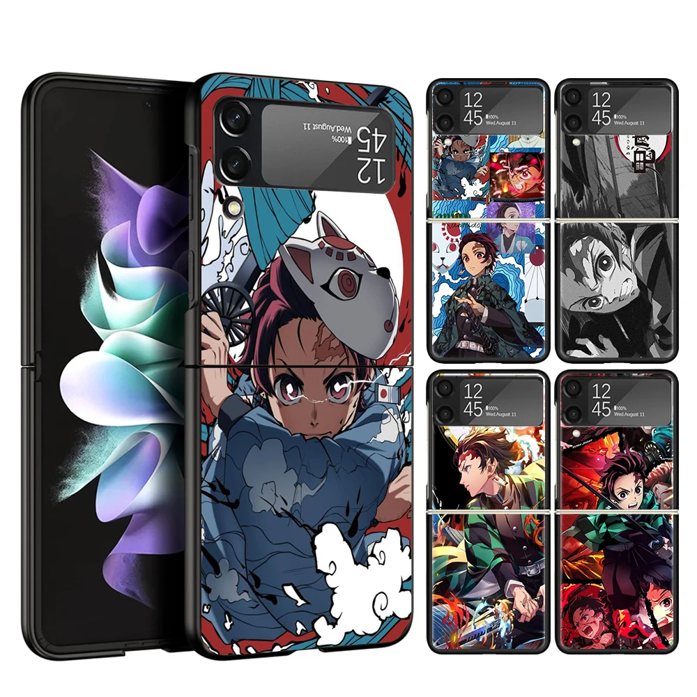 Demon Slayer Tanjiro Case Phone Cover for Samsung Galaxy Z Flip 6 5 4 3 5G ZFlip6 ZFlip5 ZFlip4 ZFlip3 Black Hard Trend Fundas