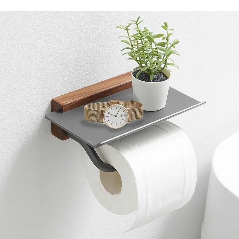 No Punching Required Solid Wood Aluminum Alloy Tissue Holder Bathroom Storage Rack Toilet Paper Household Products