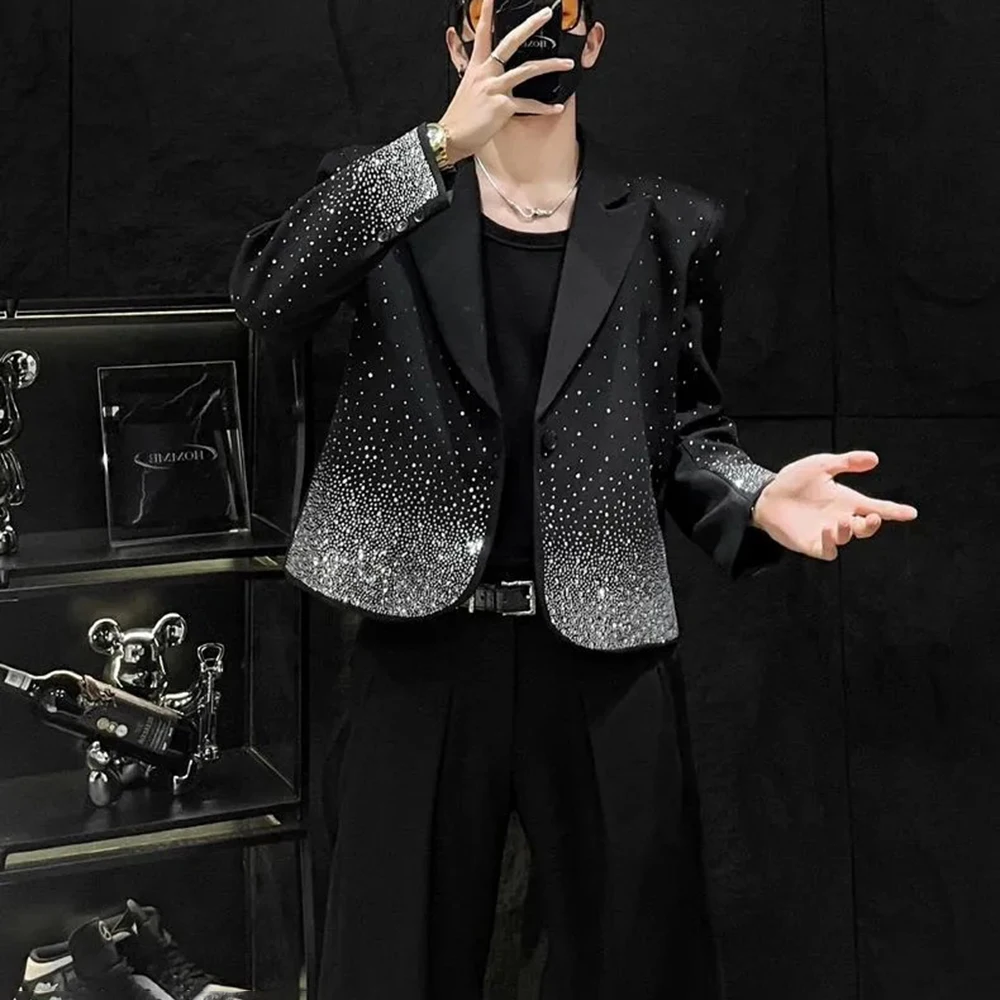 2025 Men's New Rhinestone Long Sleeve Jacket American Retro Fashion Trend High Street Casual Loose Breathable Niche Men's Tops