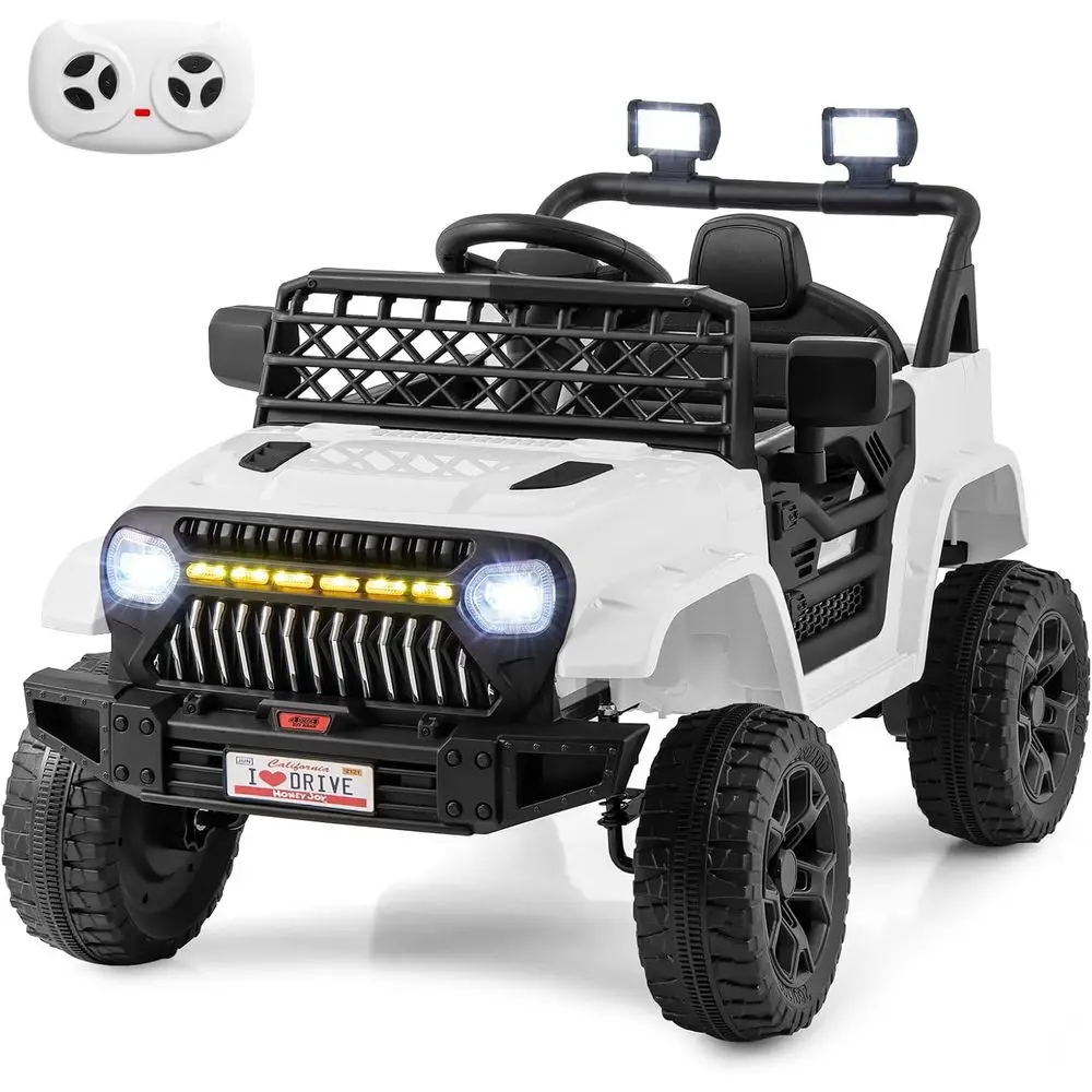 

12V Electric Ride-On Truck with Remote Control, Spring Suspension, 3 Speeds, Music & Lights for Kids 3+ (White)