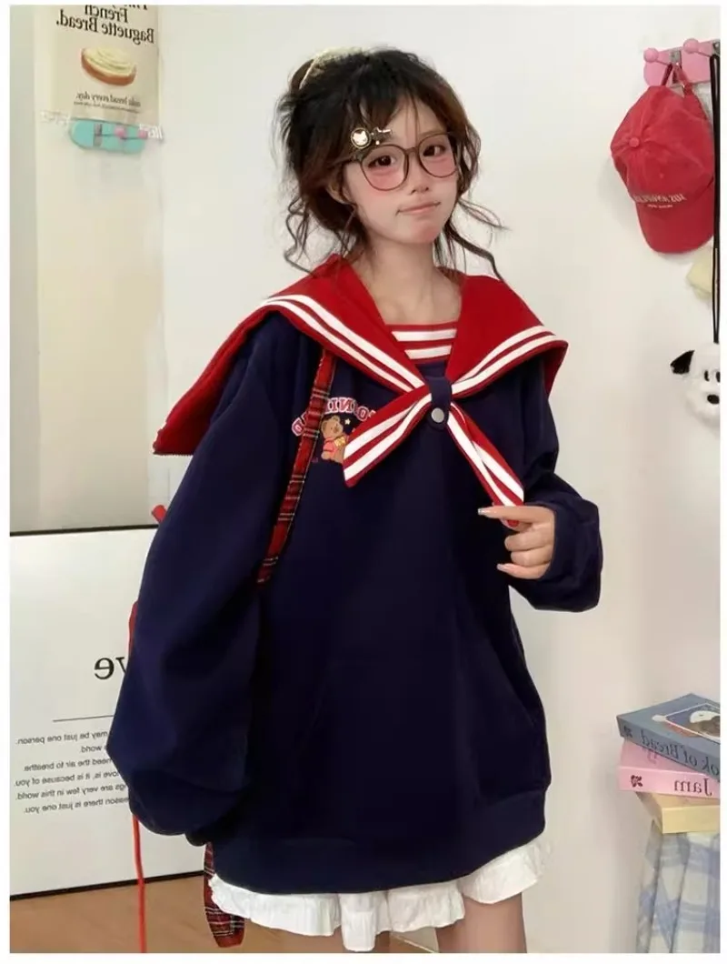 Autumn Navy Collar Multi-color Cute Cartoon Bear Print Long-sleeved Sweater Women