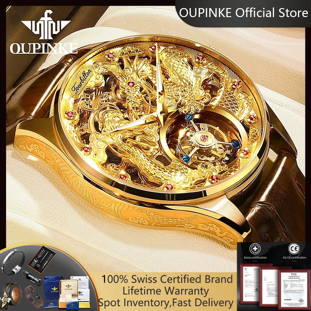 

OUPINKE ExcluTourbillon Dragon Watch для мужчин, оригинальные роскошные брендовые автоматические механические мужские наручные часы с ремешком из натуральной кожи