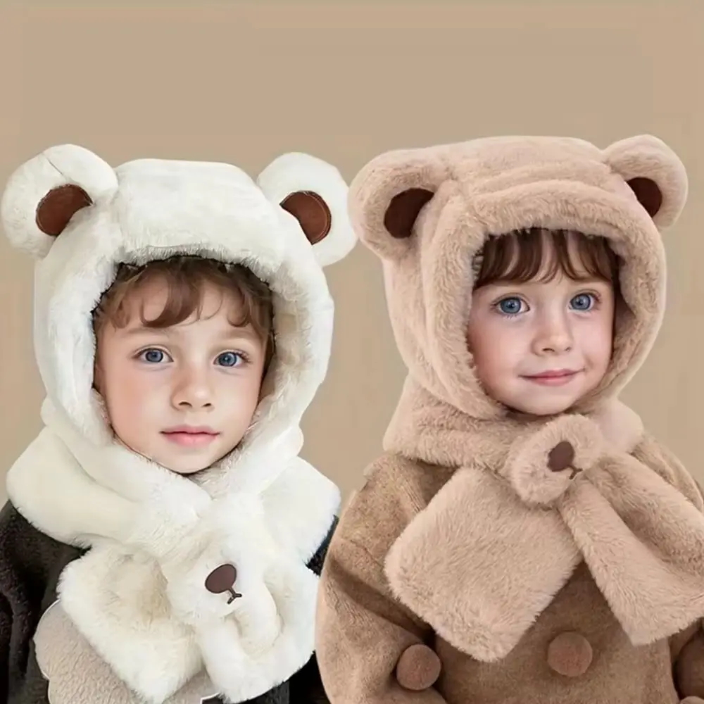 

2-6Y Girls' Plush Bear Hat & Scarf - Thickened Winter Hat with Bear Ears, Soft Plush Bear Face & Paw Design Winter Clothes