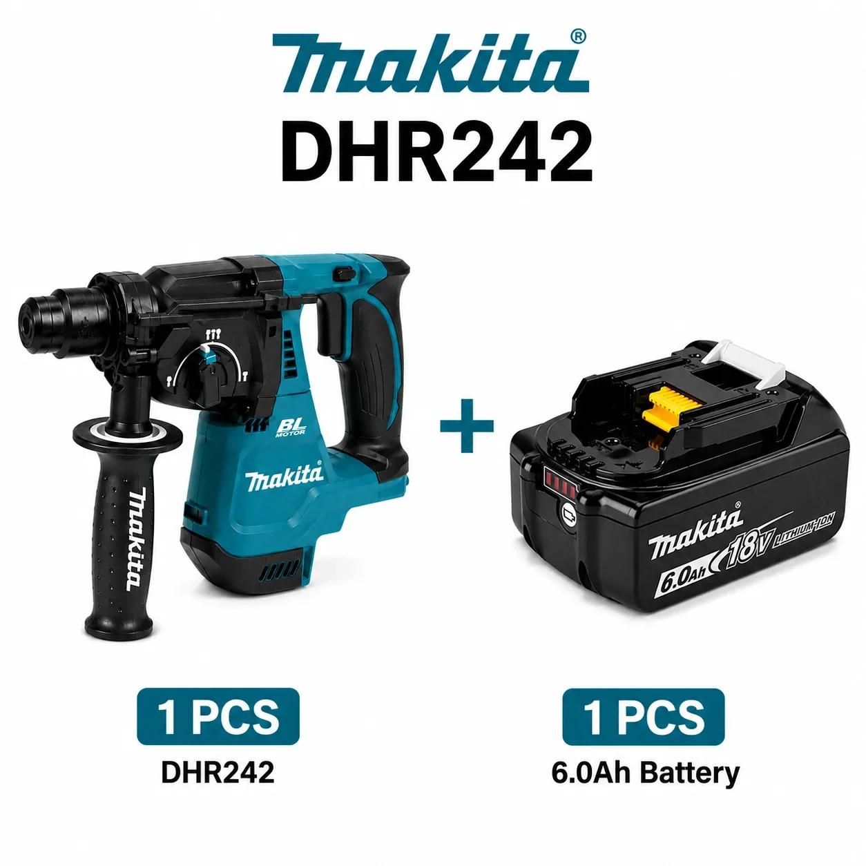 Makita DHR242 18V LXT Bürstenloser Akku-Bohrhammer 24mm SDS Plus 2,0J 4700 BPM 3-Modus Beton-Bohrwerkzeug-Set mit BL1860B BL1840 Akku-Ladegerät