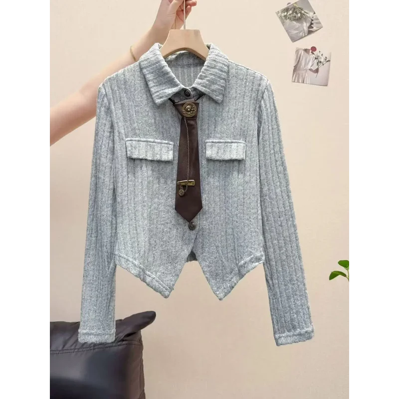 

Женская трикотажная рубашка с воротником-поло и завязками, осень 202, модный однотонный тонкий топ с длинными рукавами и пуговицами