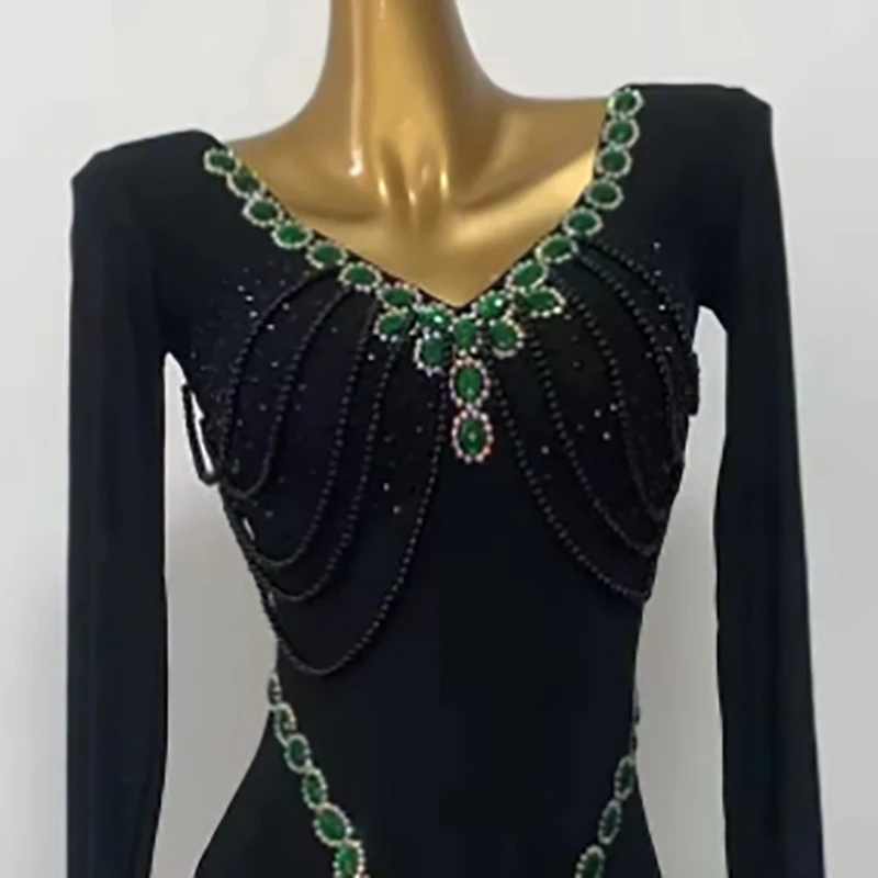 Latin Dance Stage Rhinestone Women's Clothing High-end Custom Elegant Emerald Design Samba Performance High Flash Clothing Dress