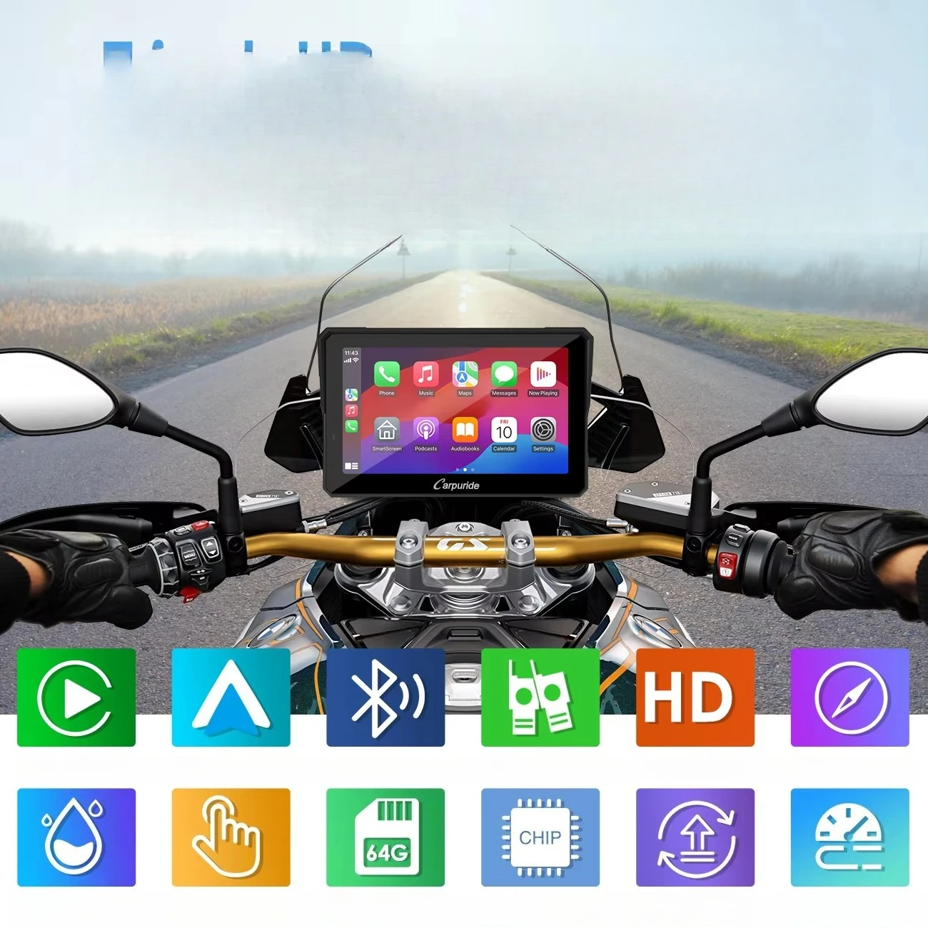 Aluminum Alloy Motorcycle CarPlay  Auto Dashcam Waterproof Dual-recording Navigation Device Compass