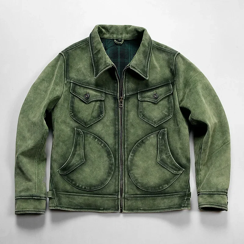 Men's Handsome Genuine Cow Leather Green Color Jacket Short Design Turn Down Color Tops