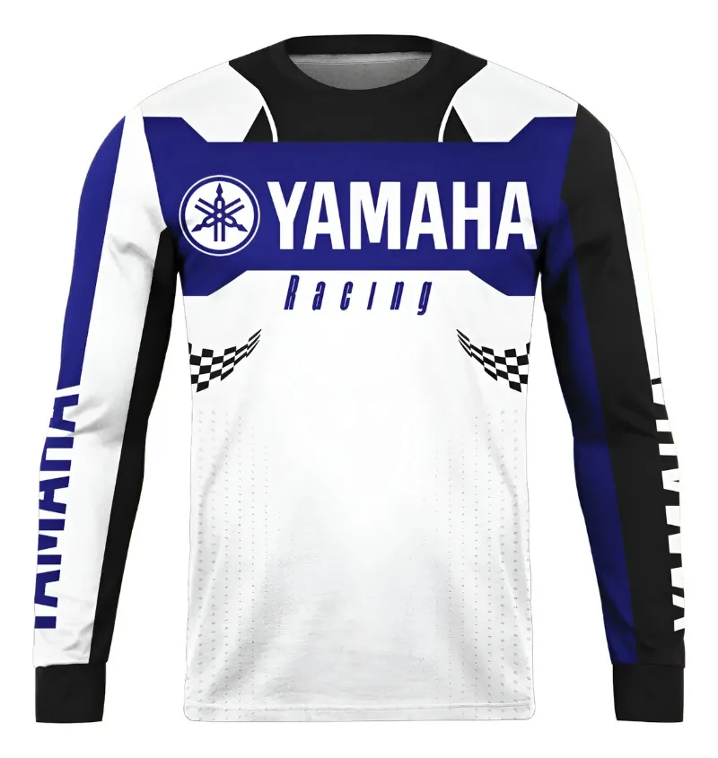

Summer Yamaha Printed Long Sleeved White and Blue T-shirt, Men Women Fashionable Casual Sunscreen Cycling Motorcycle T-shirt
