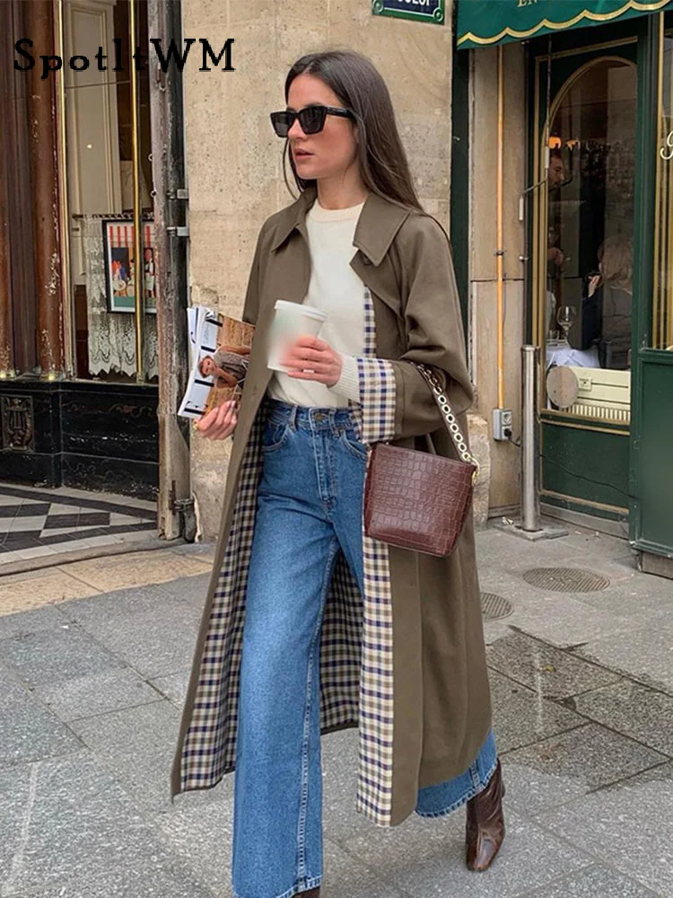 

Fashion Single Breasted Lapel Pocket Long Jacket For Women Long Sleeved Versatile Grid Lining Coat Autumn Chic High Street Coats