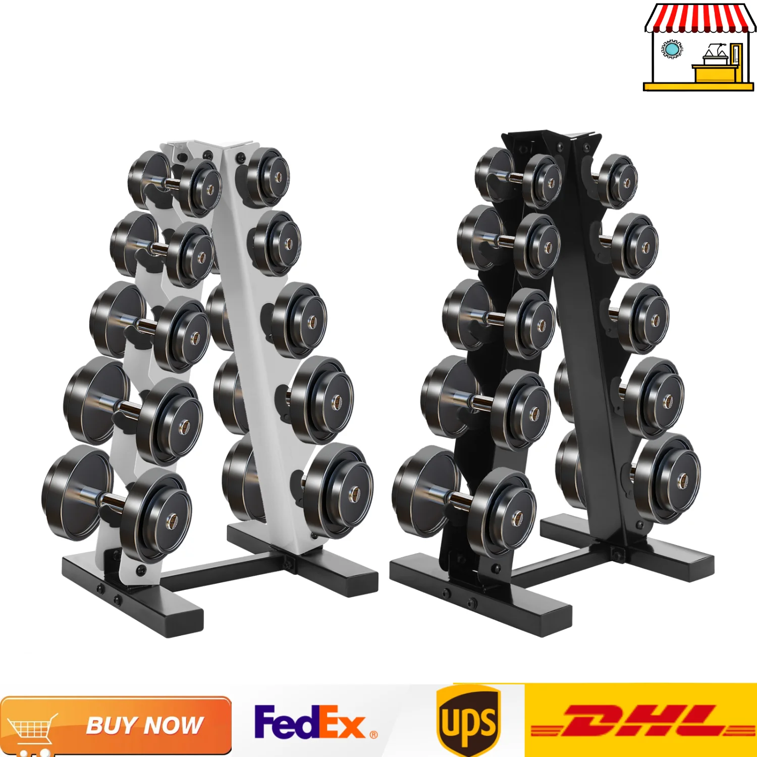 Albero portaoggetti per porta manubri con piastra pesi in acciaio per 5 paia di manubri Portapiatti con capacità di 100 kg Nero/Bianco