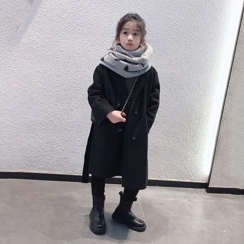 

Teen Woolen Coats Autumn Winter Girls Thick Warm Trench Jackets Kids Clothes Fashion Turndown Collar Parka Outerwear 4-12Y
