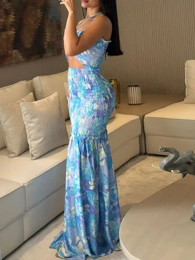 ชุดเดรสยาวพิมพ์ลายปาล์มเขตร้อนสำหรับผู้หญิง ชุดเดรสฤดูร้อนสำหรับวันหยุดพักผ่อน ชุดเดรสชายหาดแบบมีระบายและเว้าข้างสำหรับสาวๆ