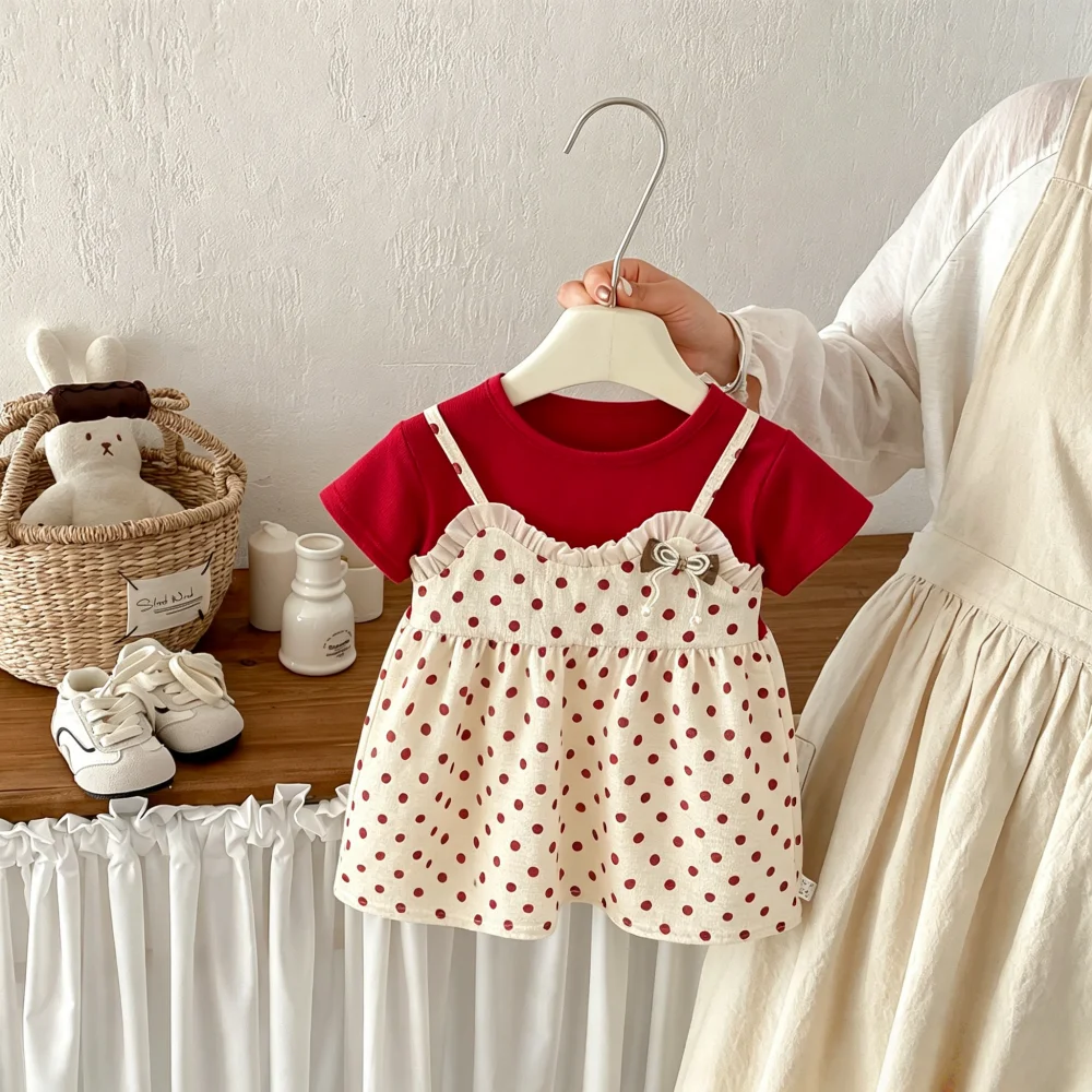 Girls' Dress Summer Wave Point Bow Short Sleeve Baby Girls' Dress Cute Beach Princess Baby Dress Baby Girl Clothes