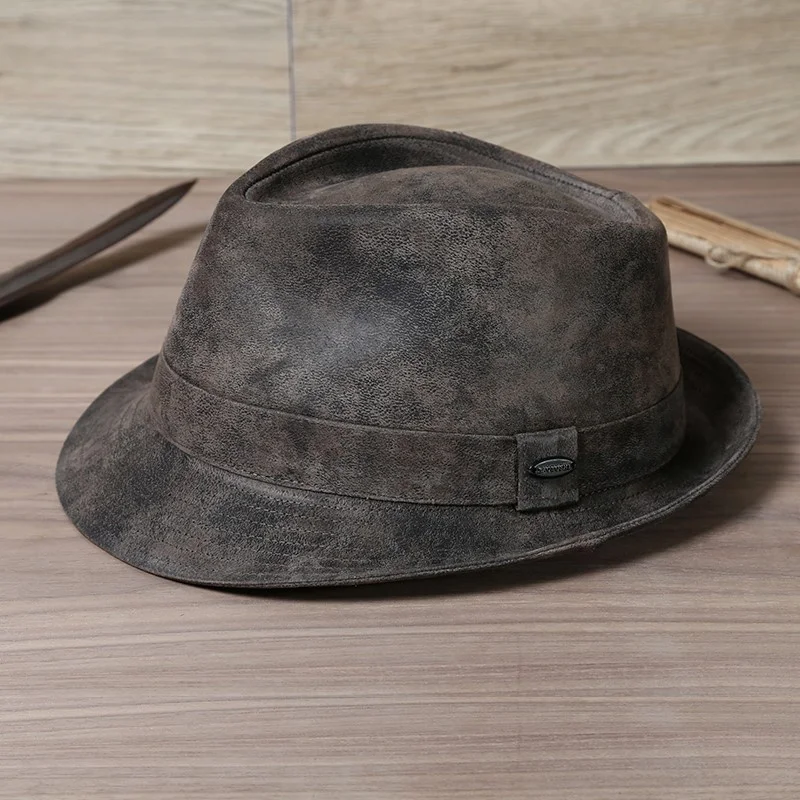 

Leather gentleman's hat Vintage top men's and women's casual jazz girth