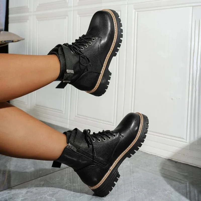 Round Toe Thi Heel Boots Women's High Heel Waterproof Platform Ort Boots Small Size Retro White Soft Leather Boots Plus Size 43