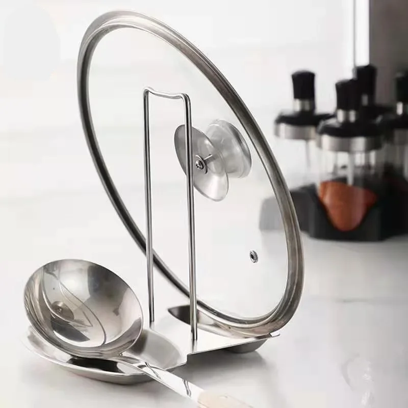 

Stainless Steel Pan Pot Cover Stand Silver Color Soup Spoon Holder Drain Rack Stove Organizer Storage Kitchen Accessories