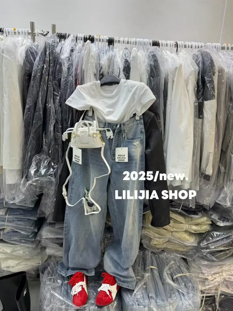 Frühling Sommer 2025 Dongda Gate High-Waist Wide-Leg Jeans mit Einzelschlitz, gerader Schnitt, vielseitige Damen-Denim-Hose