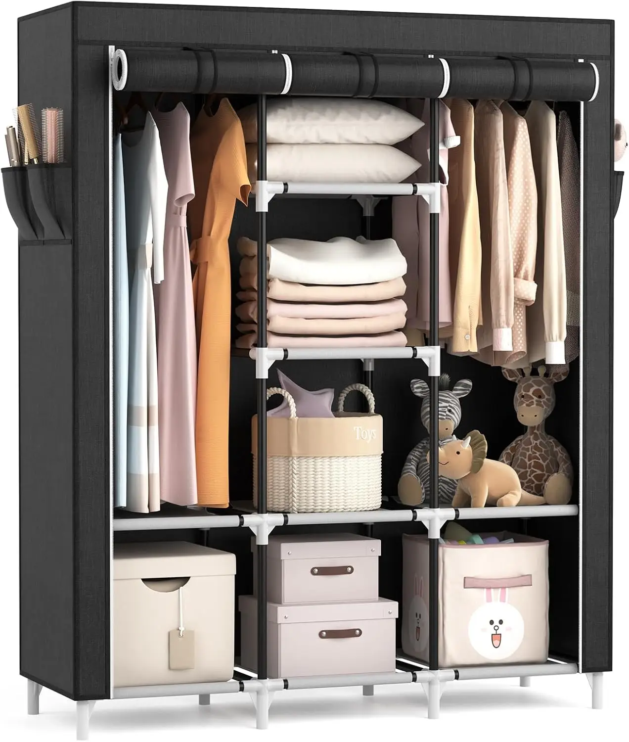 

Portable Closet Wardrobe for Hanging Clothes with 2 Hanging Rods and 8 Organizer Shelves,Sturdy Large Wardrobe Closet for Bedro