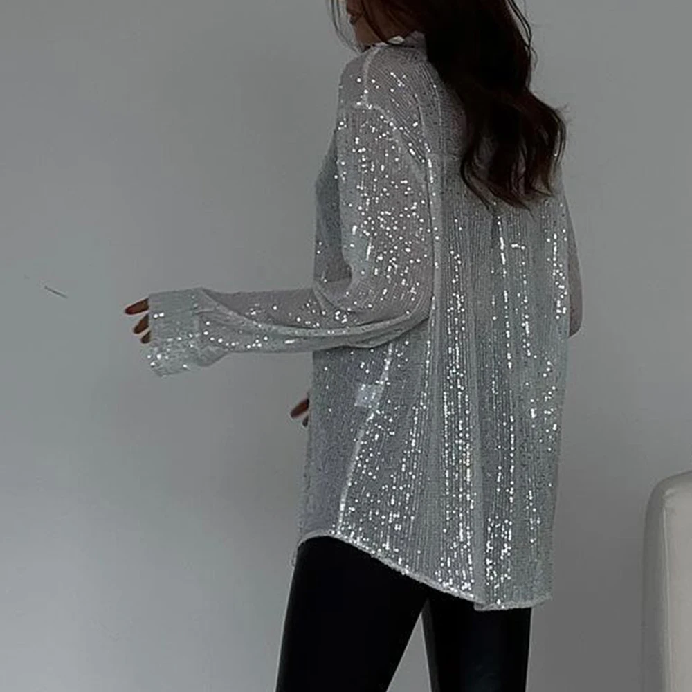 Women's Glossy Party Shirts & Blouses Single Breasted Long Sleeve Button Collar Streetwear All-Season Shiny Tops