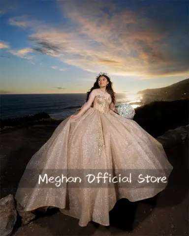 Champagnefärgad Hjärtformad Quinceanera Klänningar Balklänning Pärlapplikationer 2025 Födelsedagslyxig Klänning Rosett Festklänning Sweet 15 Anpassad 8 best sales champagnefärgade quinceanera-klänningar - №6